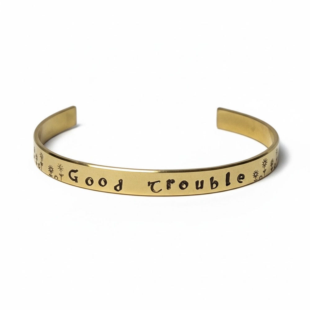 Handmade stamped 'Good Trouble' motivational gold brass adjustable Cuff Bracelet